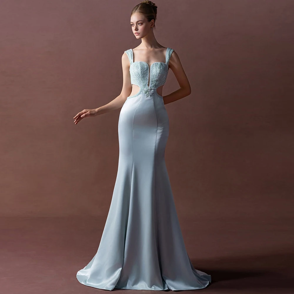 

Blue Satin Evening Dress Customized Mermaid Delicate Beading Homecoming Dress Fashion Court Train Bespoke Occasion Gowns