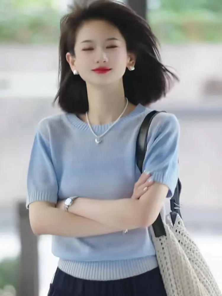 

Стильный вязаный топ с круглым вырезом и коротким рукавом для женщин, молодежный летний модный базовый топ, нижнее белье, Poetic Lin Commute Sle Lo...