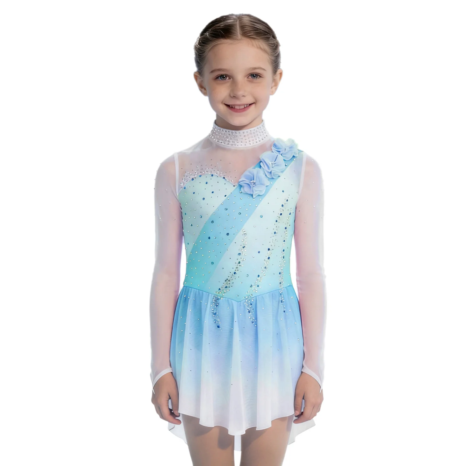 أطفال بنات زين فستان غنائي للجمباز الشكل التزلج أداء الرقص زي بقماش شفاف الترتر فستان رقص المرحلة #2