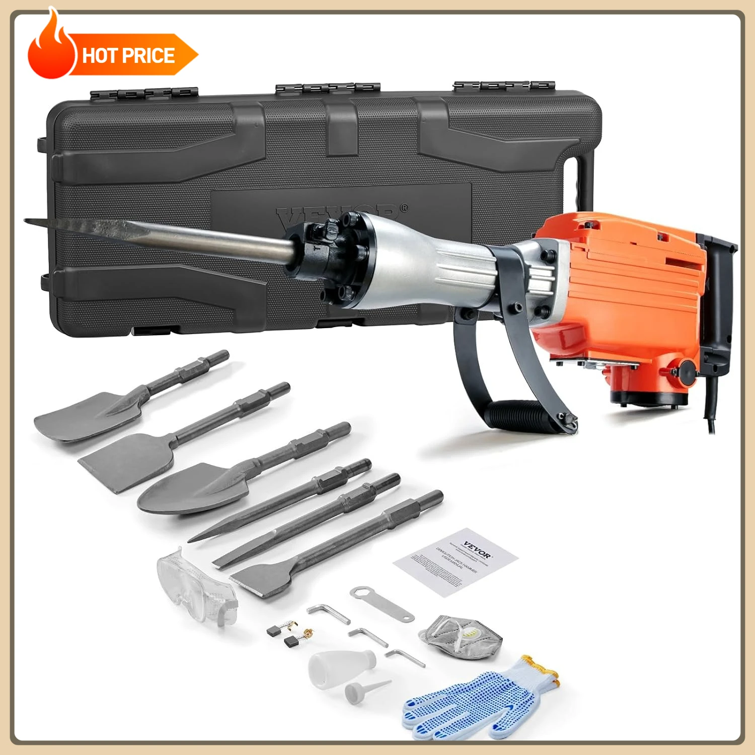 

Demolition Jack Hammer, MAX 2200W Electric Jackhammer Heavy Duty, 1350 BPM Concrete Breaker 6pcs Chisels Bit Chipping with Case