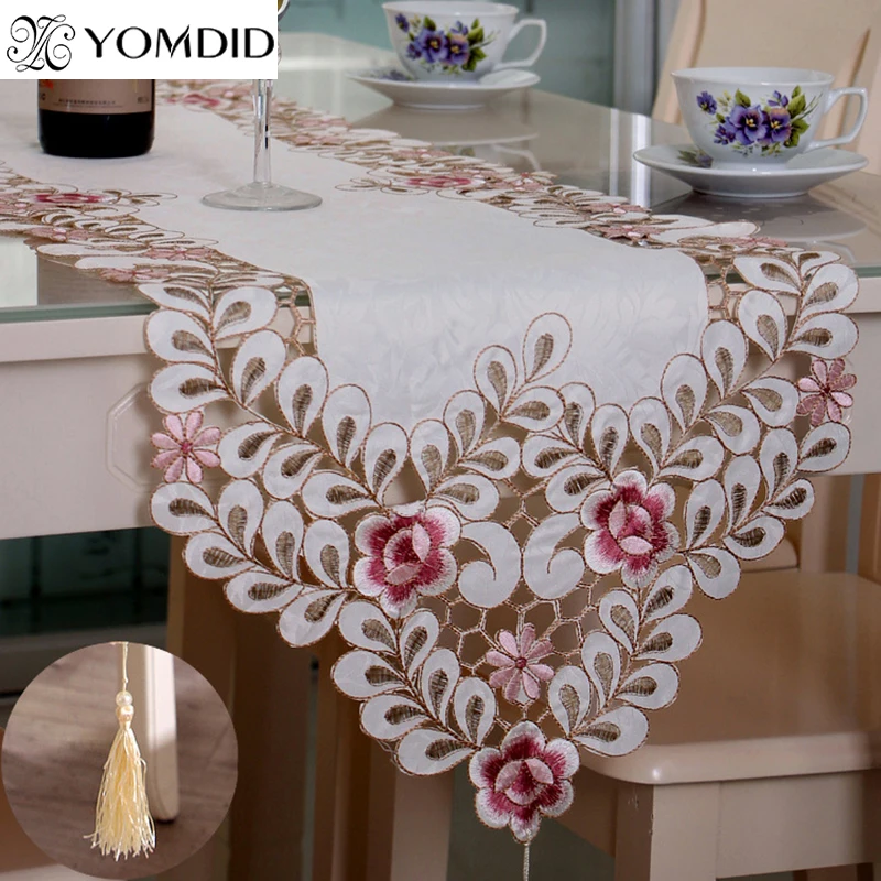 YOMDID Flower Table Runner Embroidered Cabinet Tablecloth With Pendant Tassel Dresser Table Flag Dust Cover Manteles De Mesa