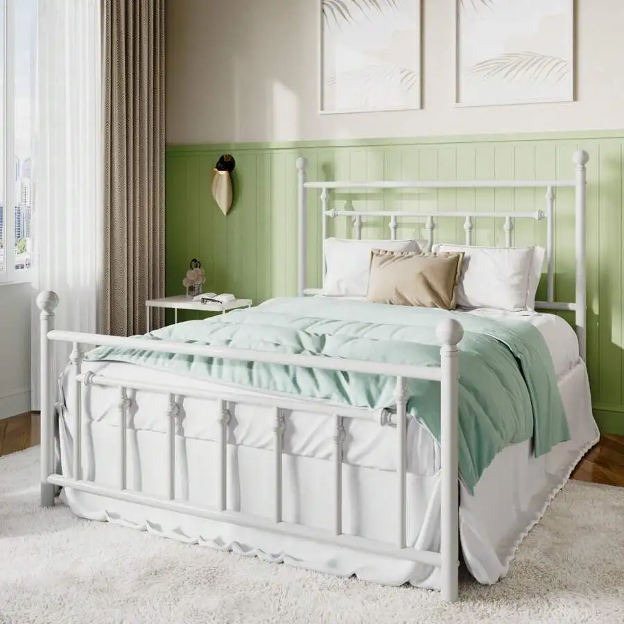 14 Inch Full/Queen Size Metal Platform Bed Frame With Victorian Vintage Headboard And Footboard/Under Bed Storage/No Box Spring Needed/Easy Assembly/Noise-Free/Mattress Foundation/Black/White ame King Size Bed Frame Twin Bed Frame Room Decor