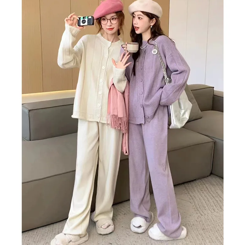 

Женский комплект из двух предметов, вязаный однотонный кардиган с круглым вырезом, длинные брюки, однобортные топы, женские повседневные спортивные осенне-зимние комплекты