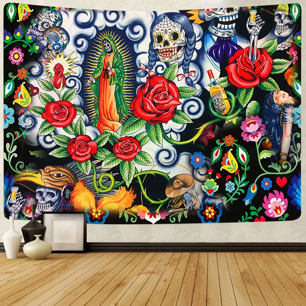 Day of the Dead Mexican Carnival Tapestry Fluorescent Sugar Skull Wall Decor for Living Room Home Decor