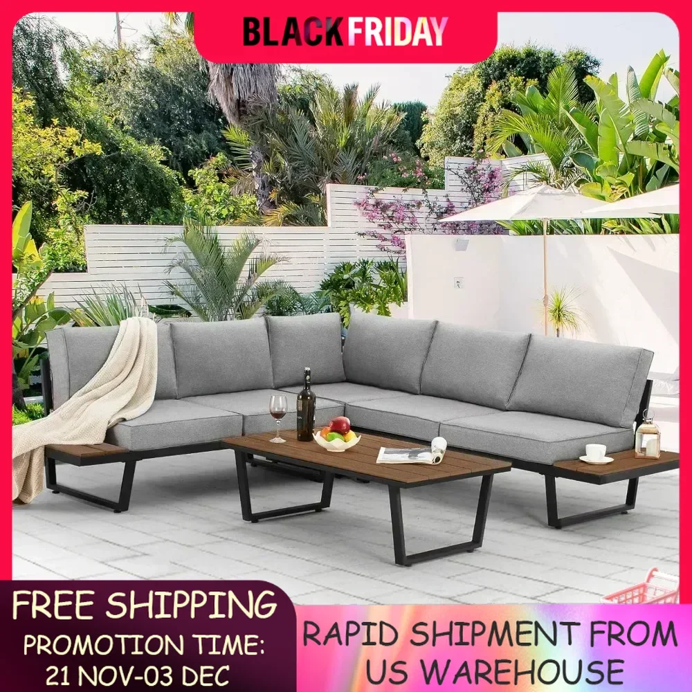 4 Pieces Outdoor Sectional Sofa Set with Coffee Table, 91''×91''Extra Large L-Shaped Metal Conversation Set with Weather Cushion