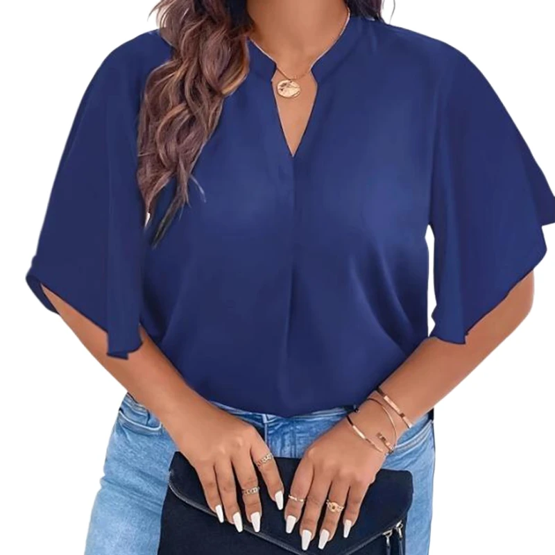 Latest Plus Size Women's Fashion V-neck Solid Color Shirt Women's Casual Solid Color Fashion Top Shirt