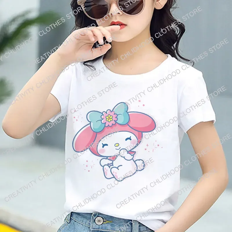 Sanrio Cinnamoroll T-Shirt per bambini maglietta Kawaii Hello Kitty cartoni animati abbigliamento Casual Anime Tee abbigliamento per bambini per