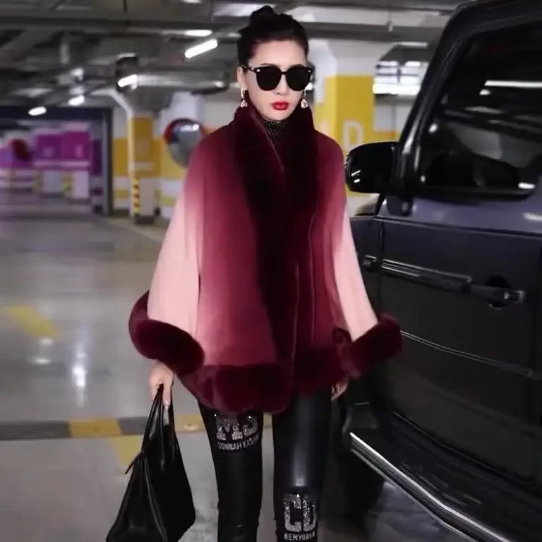 

Autumn Winter New Imitation Otter Rabbit Fur Collar Cardigan Gradient Color Cape Women Knit Poncho Lady Capes Red Cloak