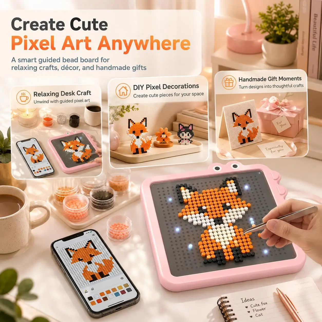 Smart APP Light Guided Fuse Bead Pegboard, Reusable DIY Pixel Art Melting Beads Craft Board for Home Decor Handicrafts