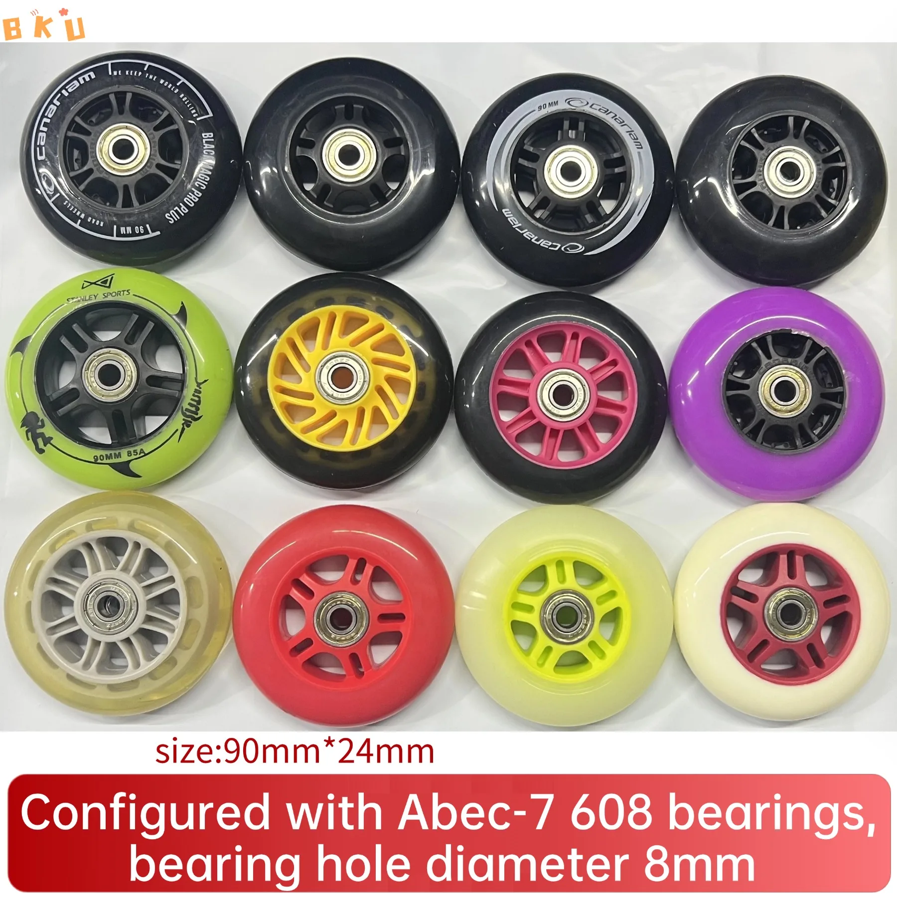 8 قطعة عجلات PU عالمية 90 مللي متر لزلاجات مضمنة عربة الأمتعة مع محامل ABEC-7 608 12 اختلافات الألوان 8 مللي متر ثقب داخلي