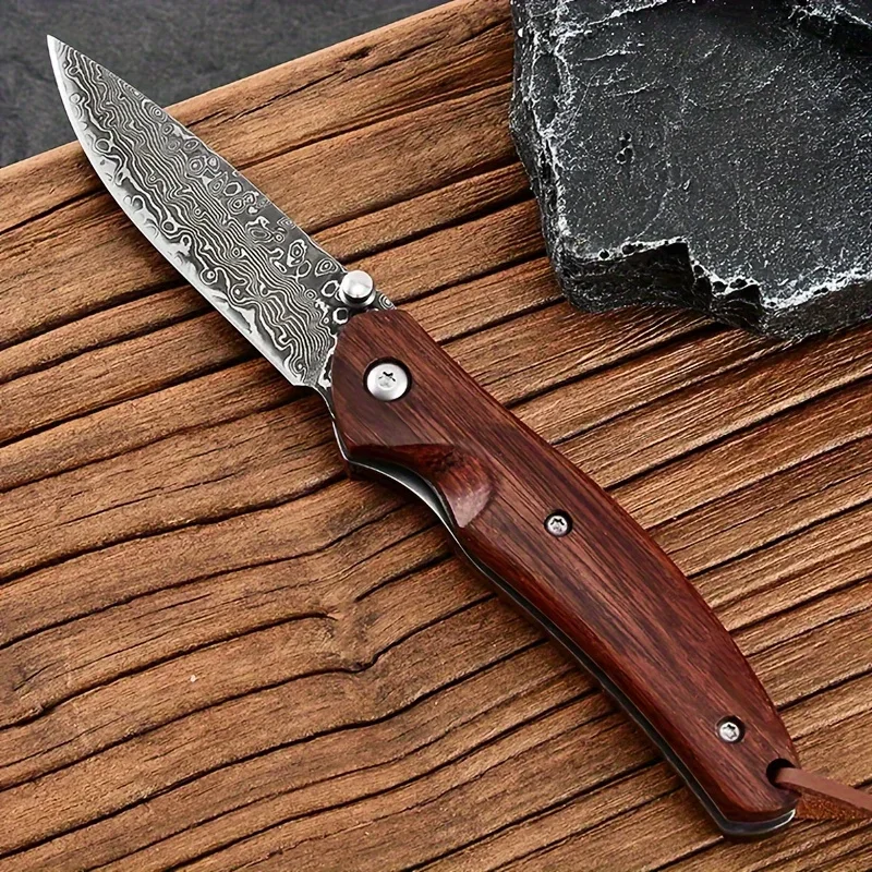 High Quality Damascus Steel Flipper Assisted Folding Pocket Knife Wood Handle Outdoor Camping Hunting Knives Tactical EDC Tool