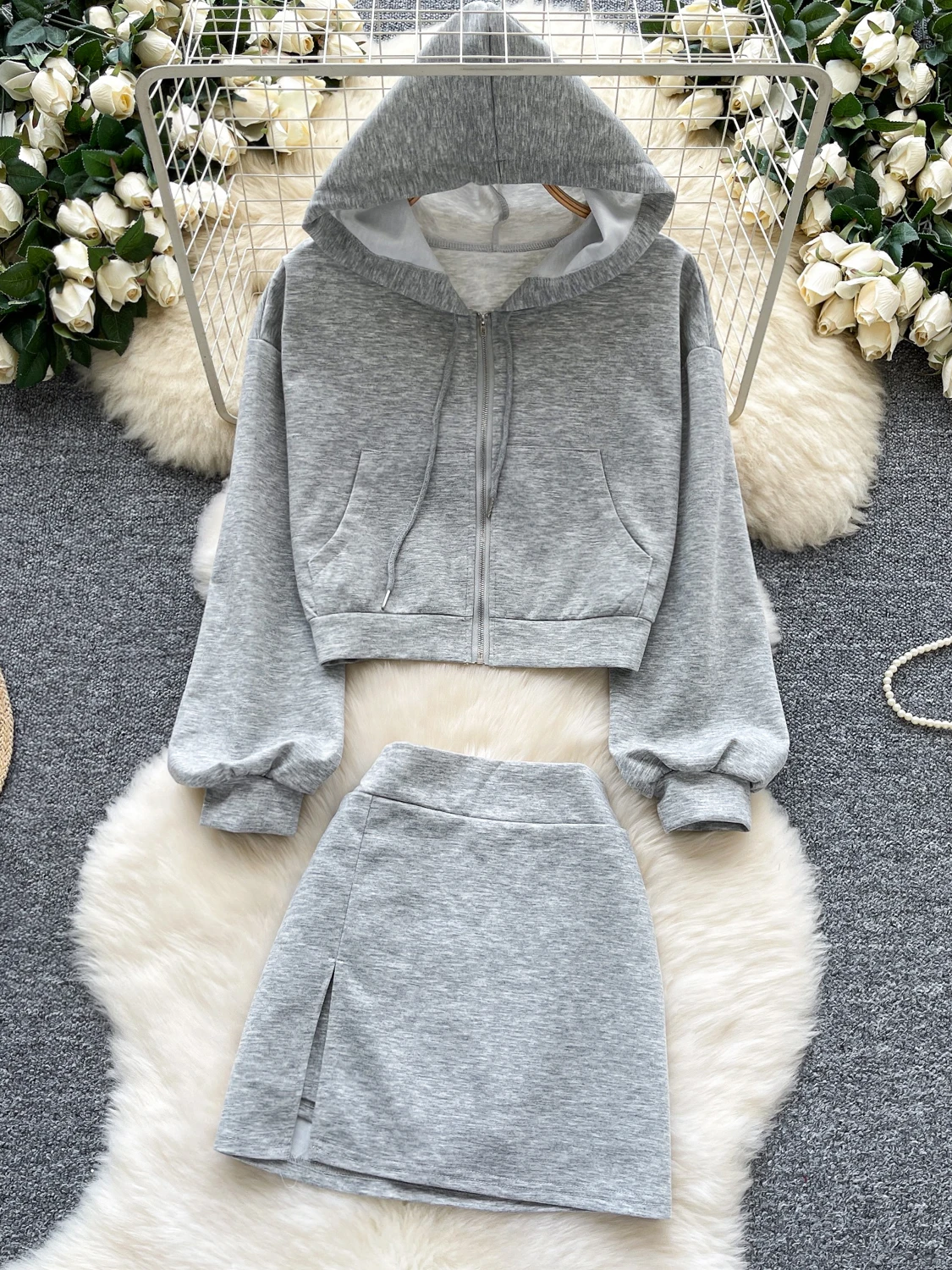 

Повседневная женская толстовка с капюшоном и юбка с разрезом с высокой талией, комплект из двух предметов, модная универсальная толстовка с капюшоном на молнии