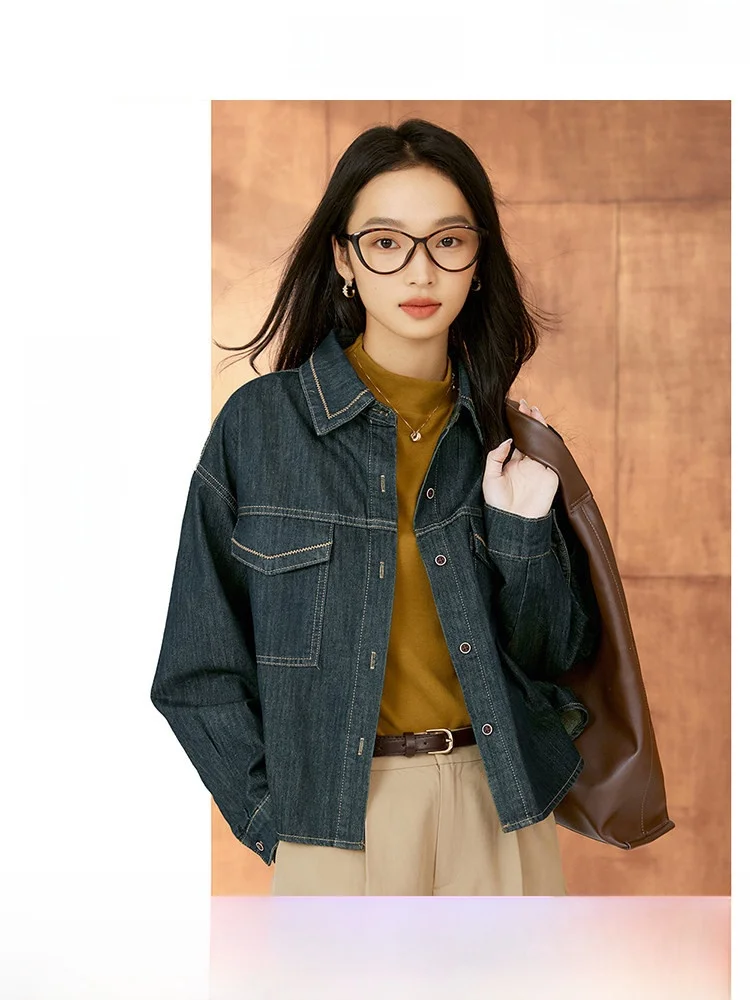 

Retro Deep Denim Blue Women's Shirt Spring 2026 Loose Fit Casual Style Design Sensation Fashion Cotton Blend Long Sleeve