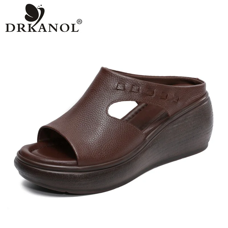DRKANOL Retro Style Women Wedges Heel Slippers Genuine Leather Slip On Outside Casual Sandals Slippers Height Increasing Slides