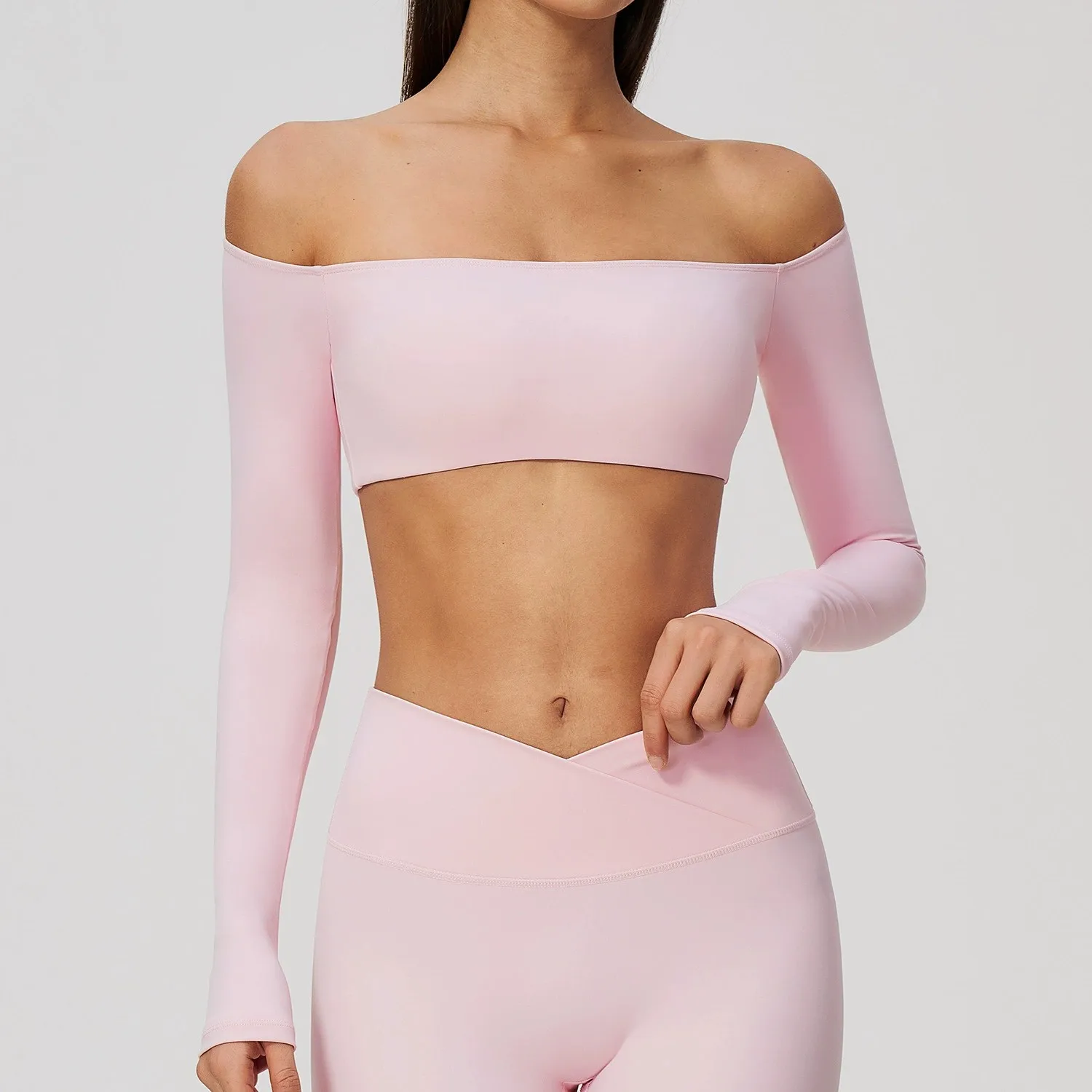 Hanging neck Fitness Long Sleeved T-Shirt Tops Women's Big V-neck Short Style High Elasticity Breathable Running Yoga Shirt Tops