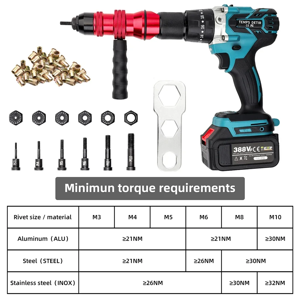 Household M3 M4 M5 M6 M8 M10 Electric Rivet Nut Gun Adapter, Insert Nut Riveting Tools, Tool Box, High Quality Rivet Nut Nailer