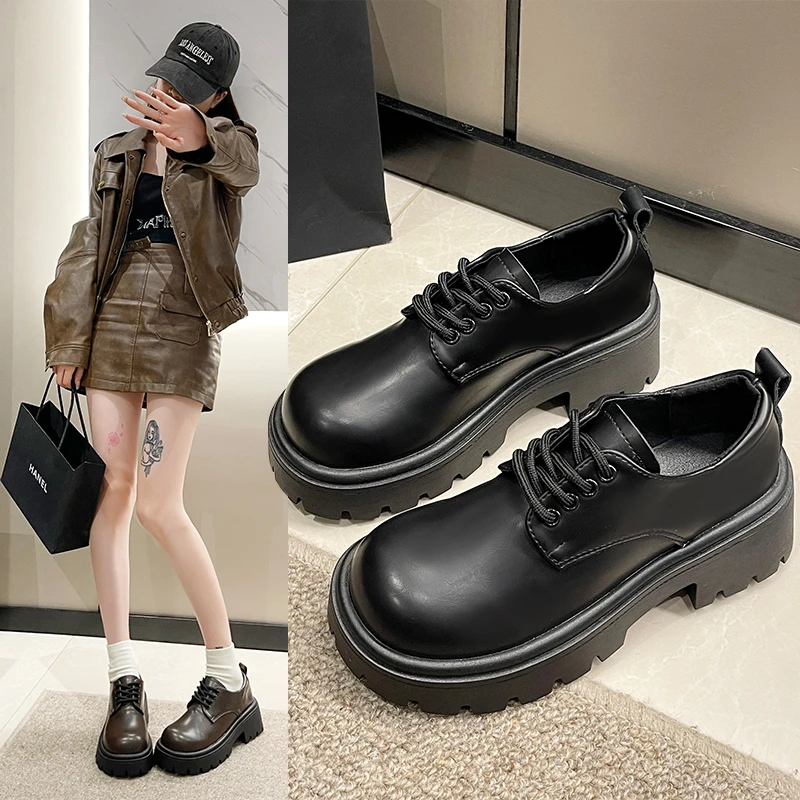 Women's shoes 2024 spring and autumn British style punk platform shoes slip-on loafers fashion small leather shoes women