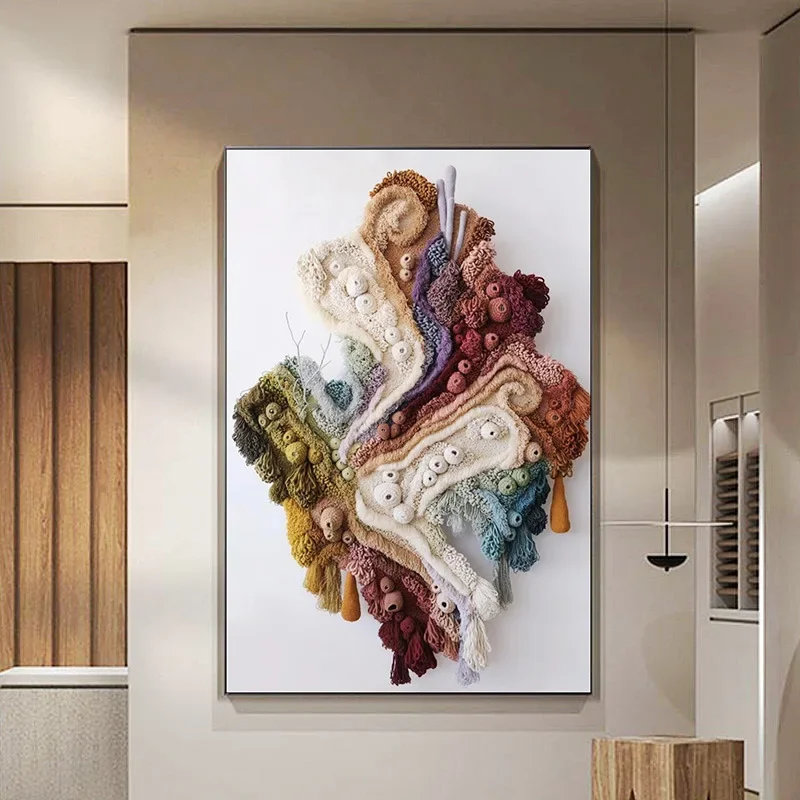 Home Decor Modern Mixed Media Artwork Coral Reef 3D Painting Wall Arts Framed Crochet Blanket Tapestries Wall Decoration