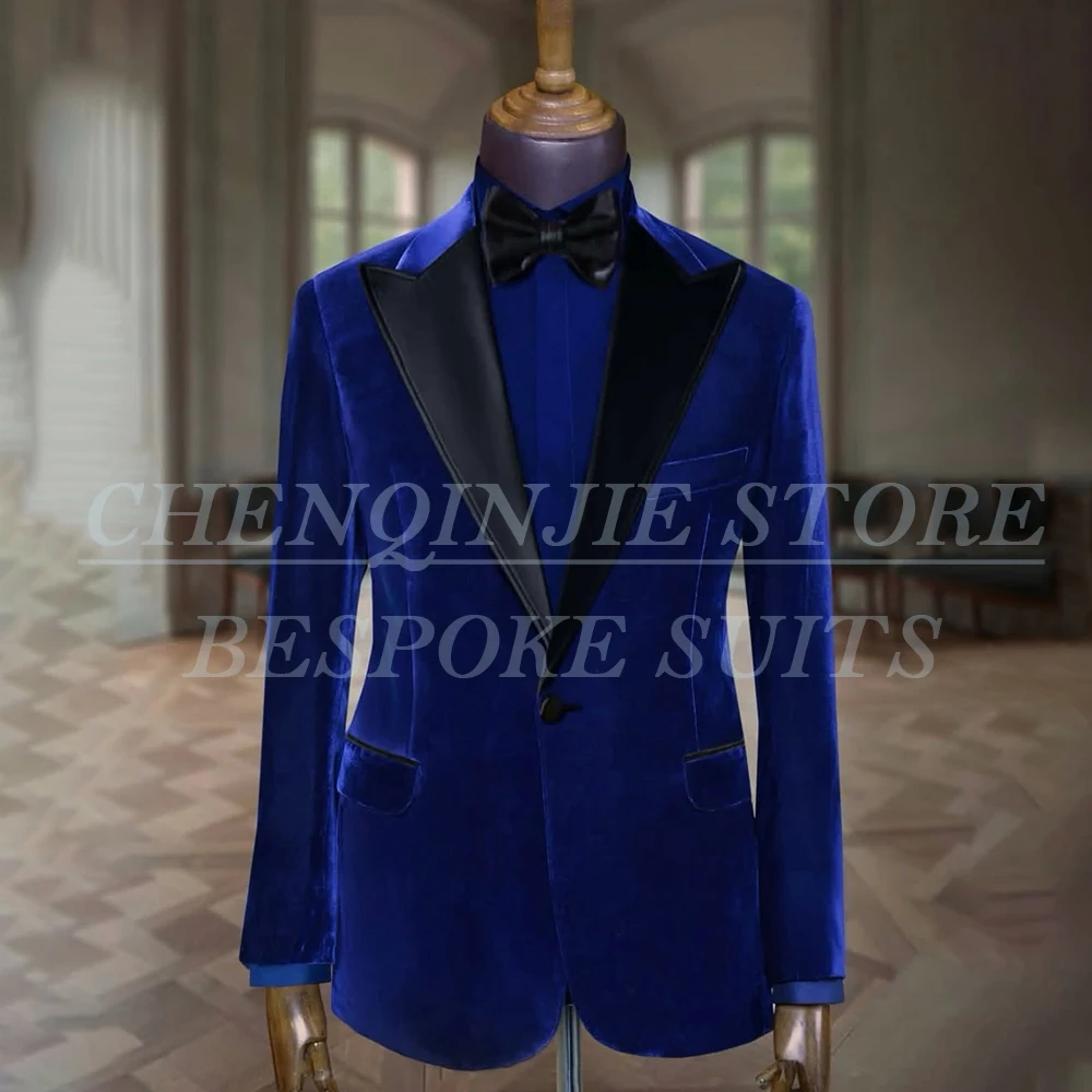 

Приталенные синие бархатные мужские костюмы, модная мужская одежда с пиковыми лацканами на одной пуговице, высокое качество, куртка из двух предметов, брюки, наряды, костюм