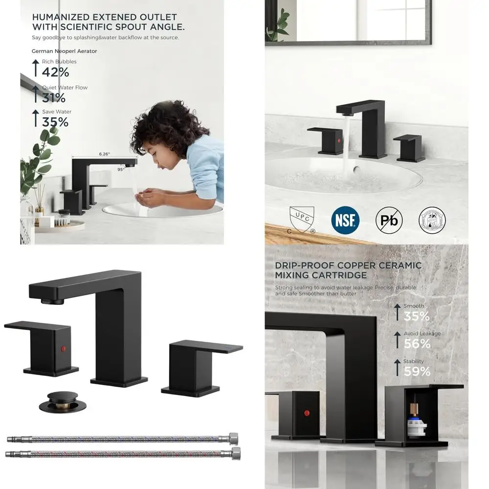 

Matte Black 8 Widespread 2-Handle Bathroom Faucet with 3 Holes for 6-12 Sinks, Includes Metal Pop-Up Drain and 24 Supply Lines