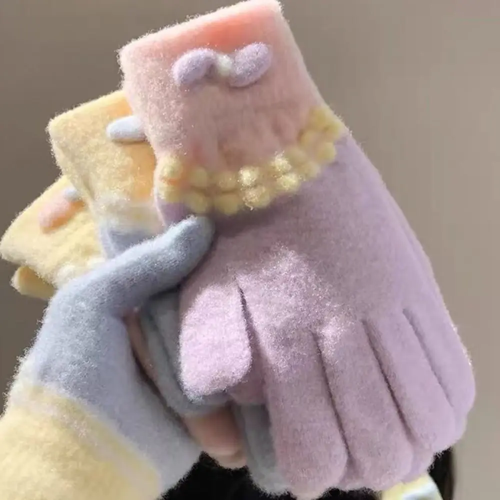Korean Style Warm Knitted Gloves Touch-screen Cold-proof Girls Winter Gloves Bowknot Comfortable Full Finger Mittens Daily Use