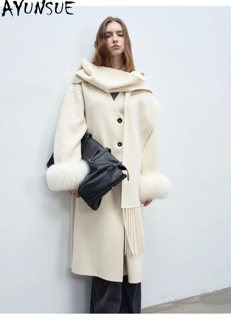 AYUNSUE Female Double-Faced Wool Coat Real Fox Fur Sleeves Womens Autumn Winter Clothes Tassel Scarf Long Clothing 2026 Jaquetas