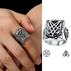 U7 Big Rectangle Rings Stainless Steel Gold Color Pentacle Occult Jewelry Sigil of Lucifer Signet Ring for Men Size 7-14