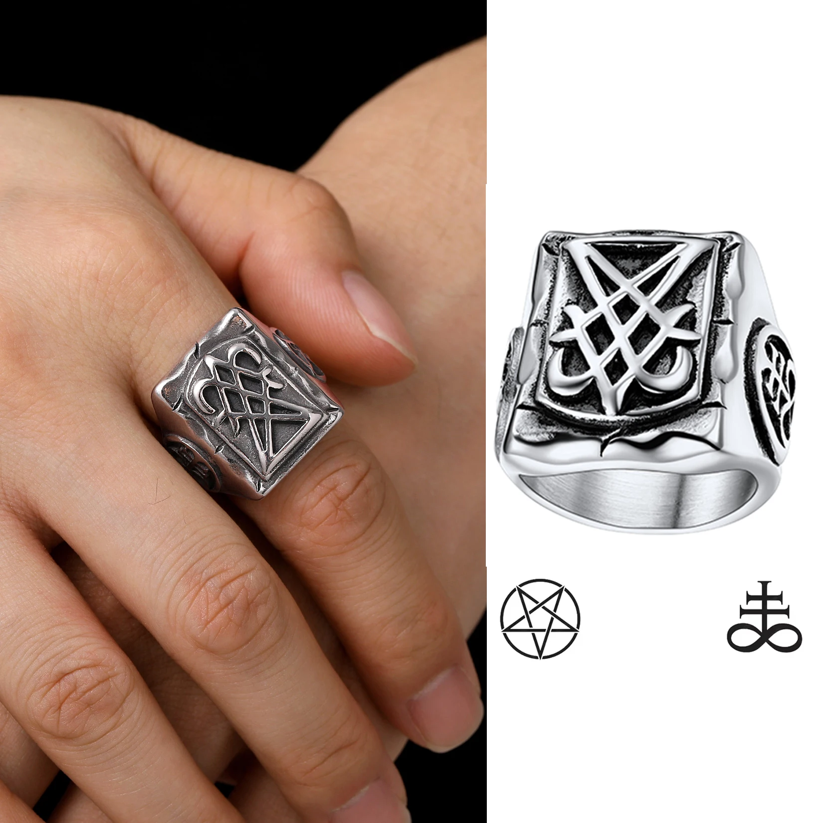 U7 Big Rectangle Rings Stainless Steel Gold Color Pentacle Occult Jewelry Sigil of Lucifer Signet Ring for Men Size 7-14