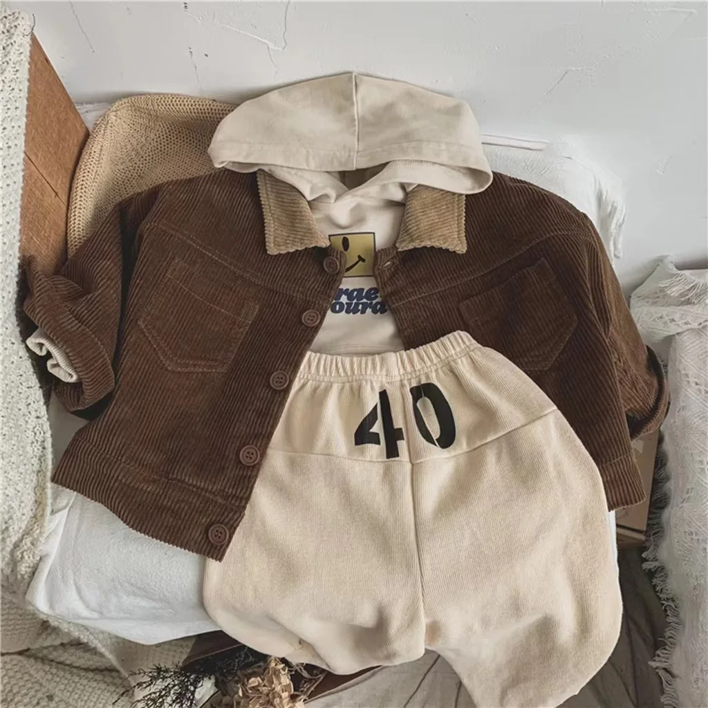 Baby Clothing Simple Retro Korean Style Corduroy Lapel Coat Baby Boys and Girls Loose Jacket Autumn Fashionable Kids Jacket