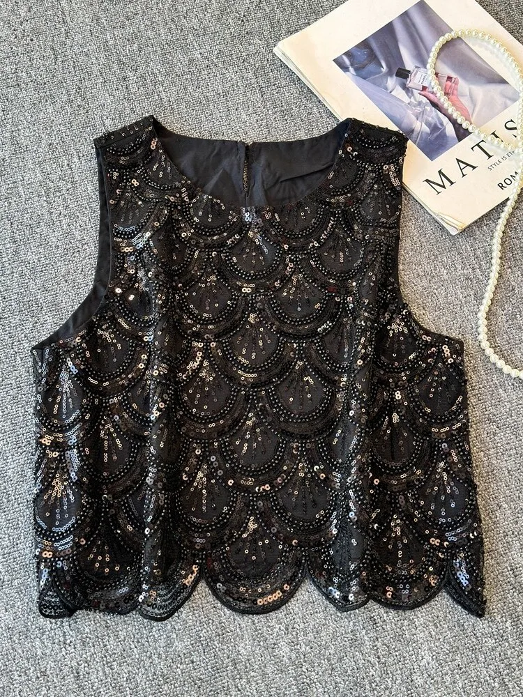

2025 New Sle Women's Faionable Beaded Bling Bling Top Svel Vest Heavy Work Embroidery Bright Color Small Size