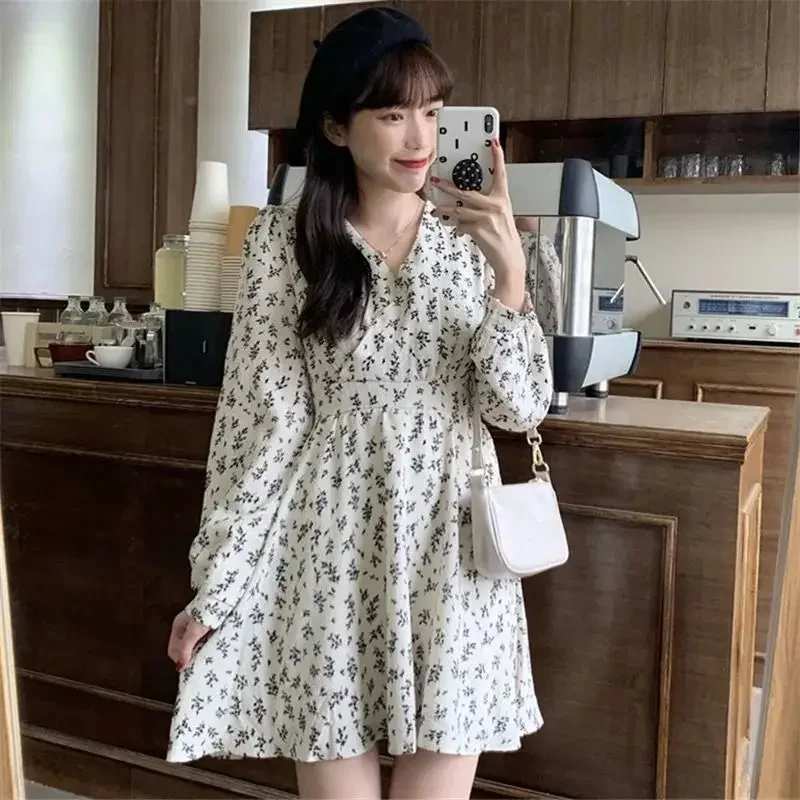 Dress Women Spring Autumn Vintage Floral Print V-Neck Dresses Women Long Sleeve Mini Dress Korean Fashion Vestido De Mujer