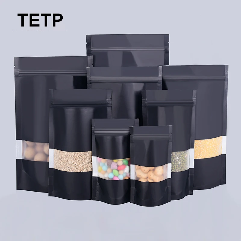 

TETP 100Pcs Black Food Packaigng Ziplock Bags With Frosted Window Home Coffee Bean Tea Snack Candy Storage Favors Aluminum Foil