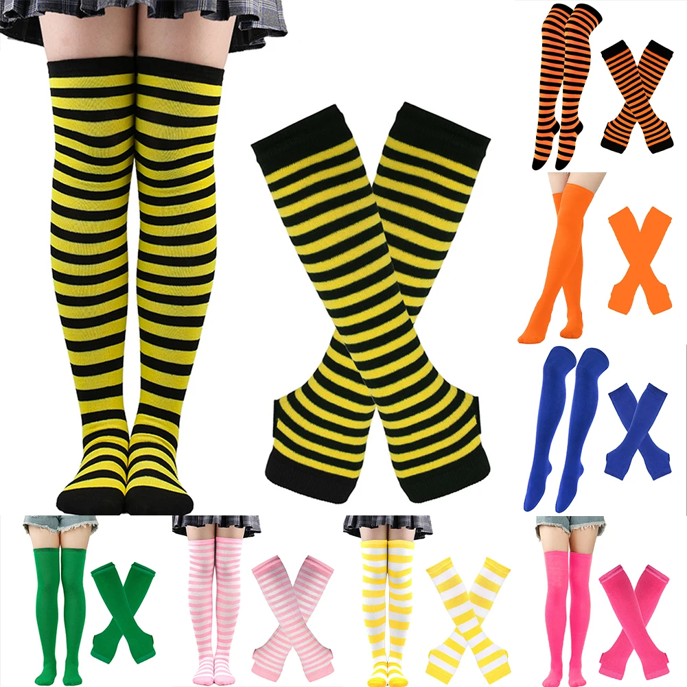 Women Striped Christmas Stocking ComfortableGloves Soft Sleep Sock Set High Overknee Cosplay Party Keep Warm In Winter Stockings