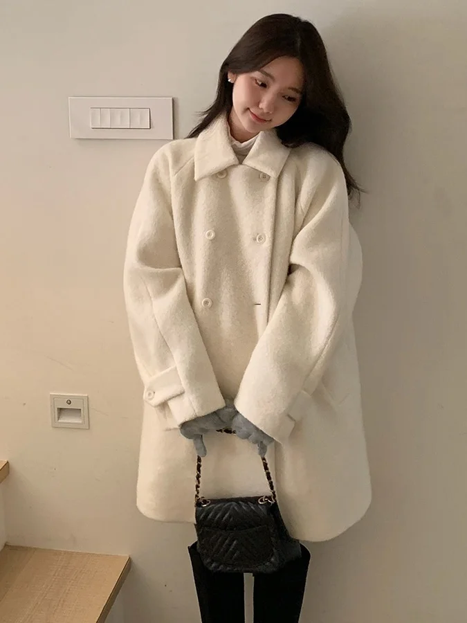 

Chic Warm Winter Aosphere Faionable Collar Double Breasted Cotton Woolen Coat Women's Korean Sle Commute Thiened Long...