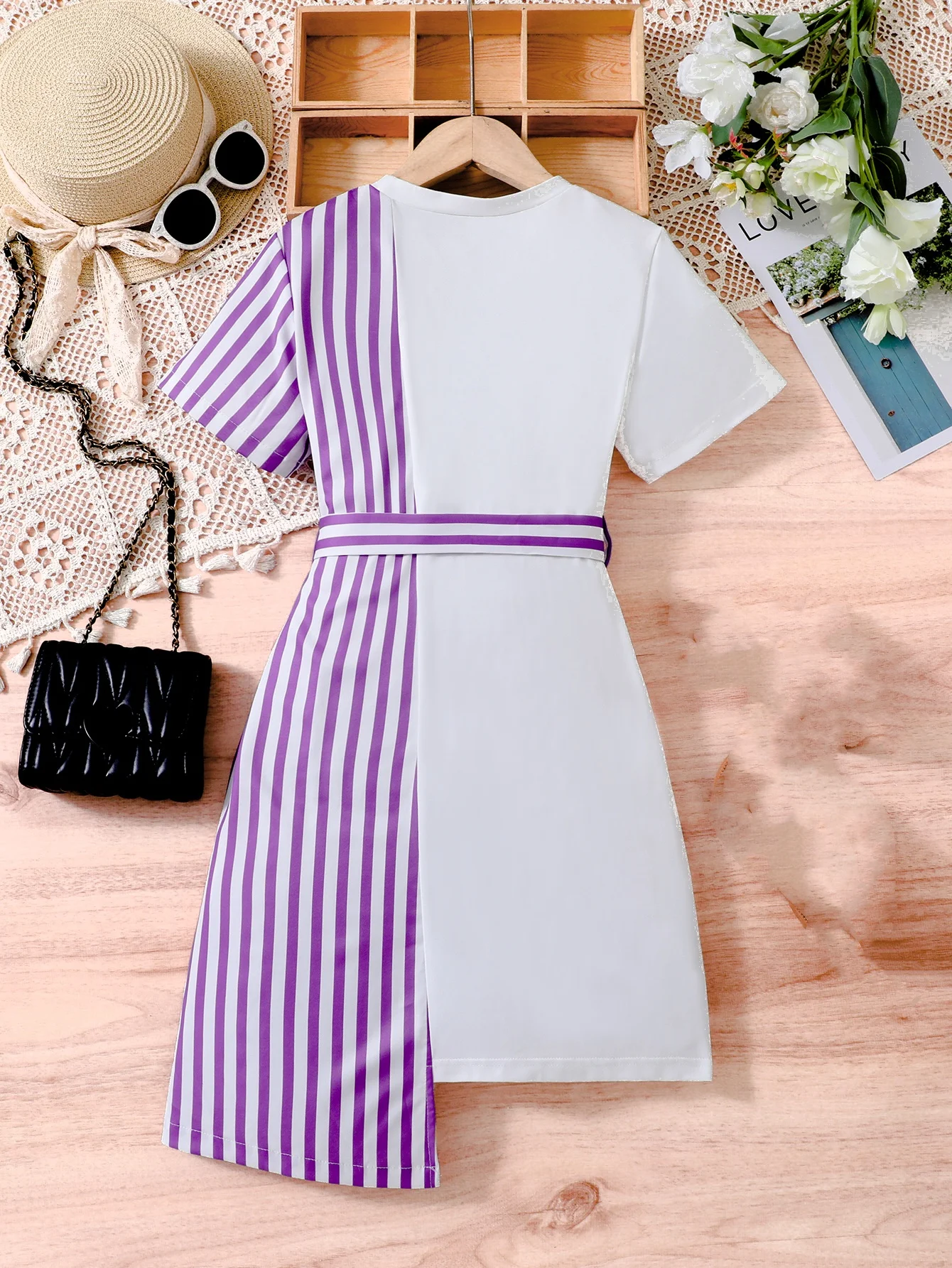 Summer girl vintage elegant purple bow tucked waist sweet stripe patchwork asymmetrical dress