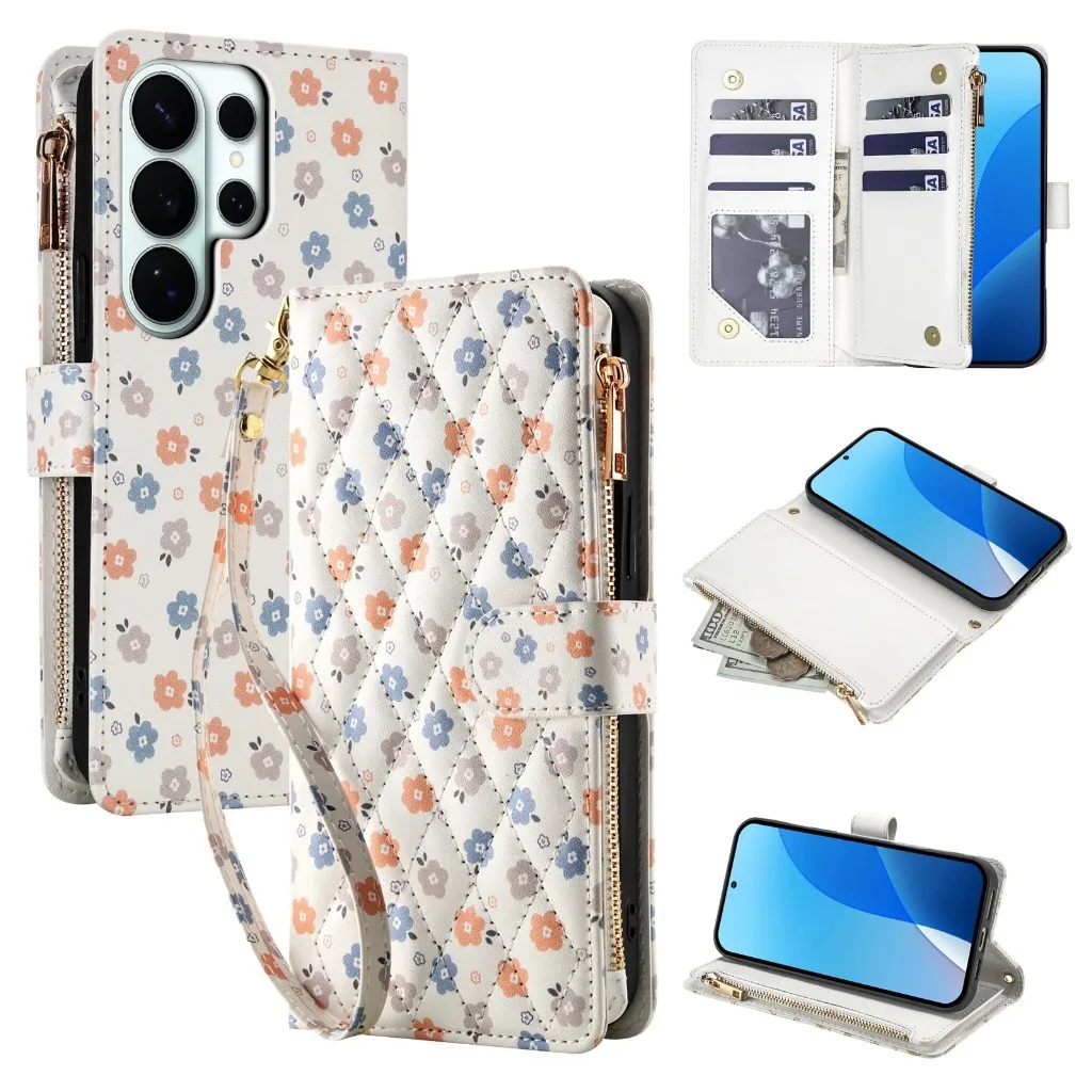 Zipper Card Holder Wallet Crossbody Phone Case w/ Wrist Strap Lanyard For Samsung S26 Ultra S25 S24 Plus S23 S22 A17 A07 A57 A37