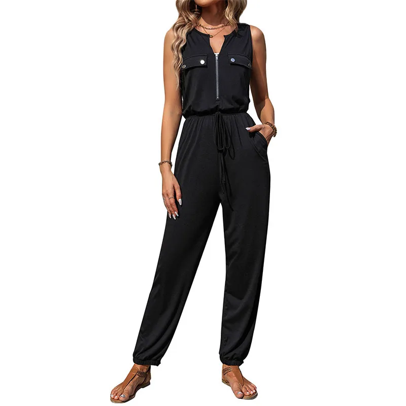 

Qybian Long jumpsuits Women's Summer Casual zipper Deep V Neck Sleeveless Wrap Drawstring Waist Jumpsuit Romper