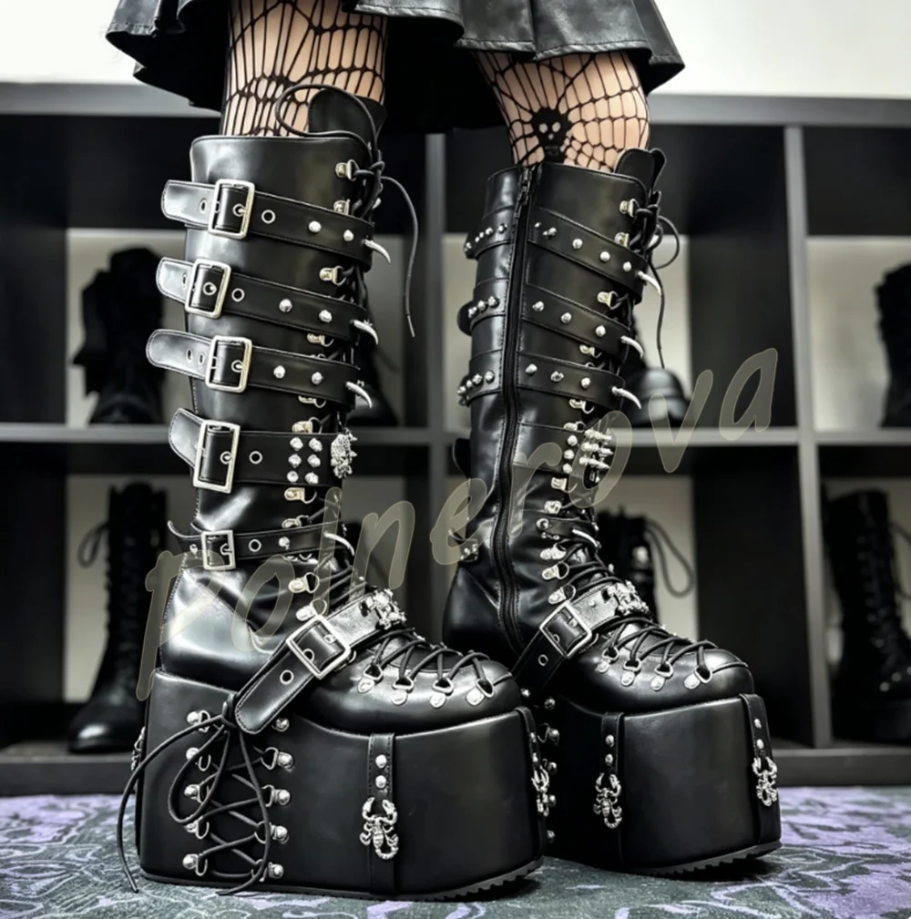 Gothic Skull Scorpion Rivet Platform Boots Multi Buckle Strap Lace Up Knee High Boots Punk Y2K Women Extreme Platform Shoes