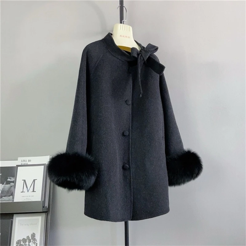 PT444 Pure Wool Double-faced Tweed Cashmere Coat Lady Natural Fox Hair Removable Cuff Winter Jacket Parka