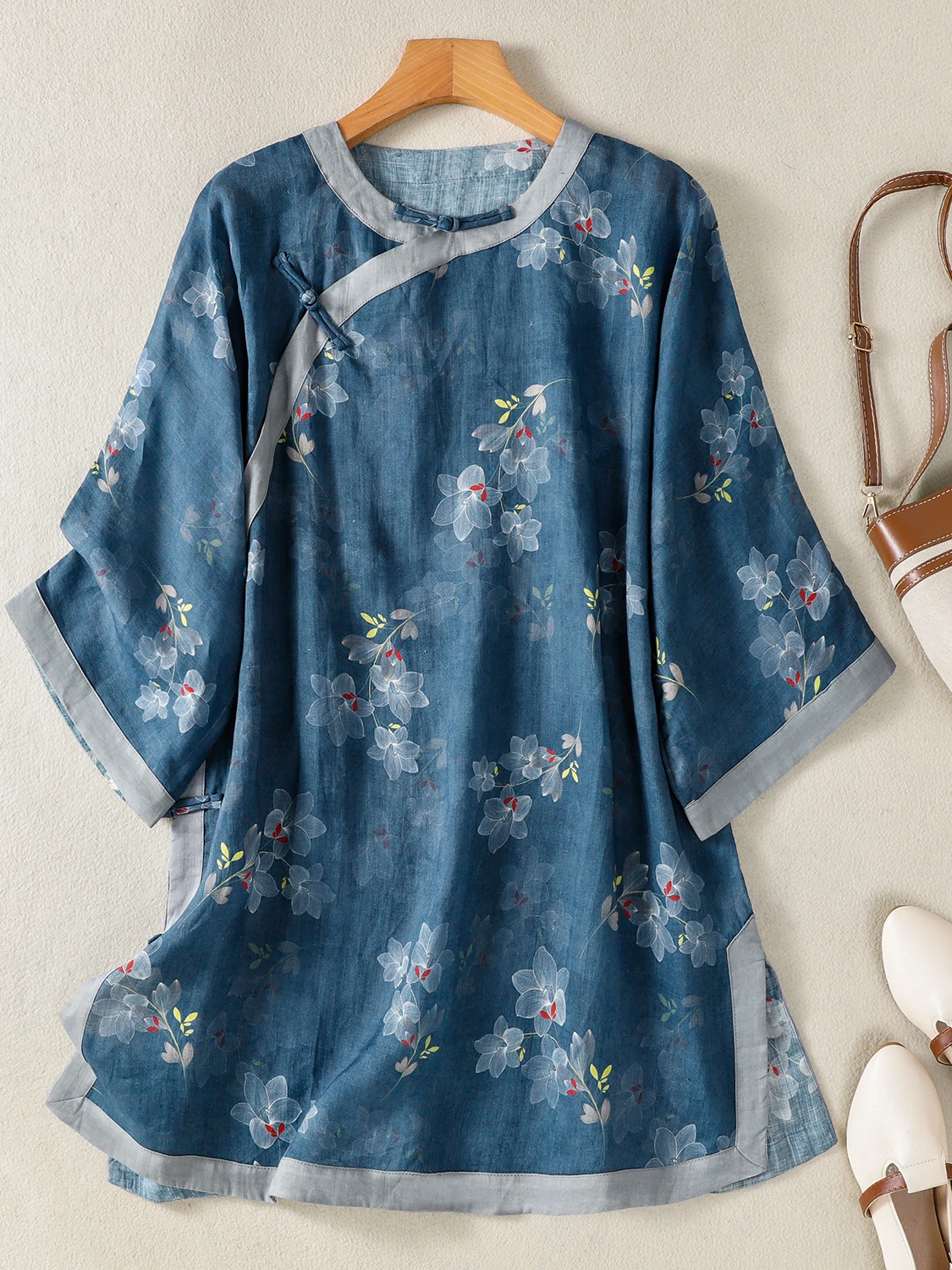 

Retro Floral Print Women's Shirt Loose Fit Button up Short Sleeve round Neck Casual Style Comfortable Breathable Tea Costume Top