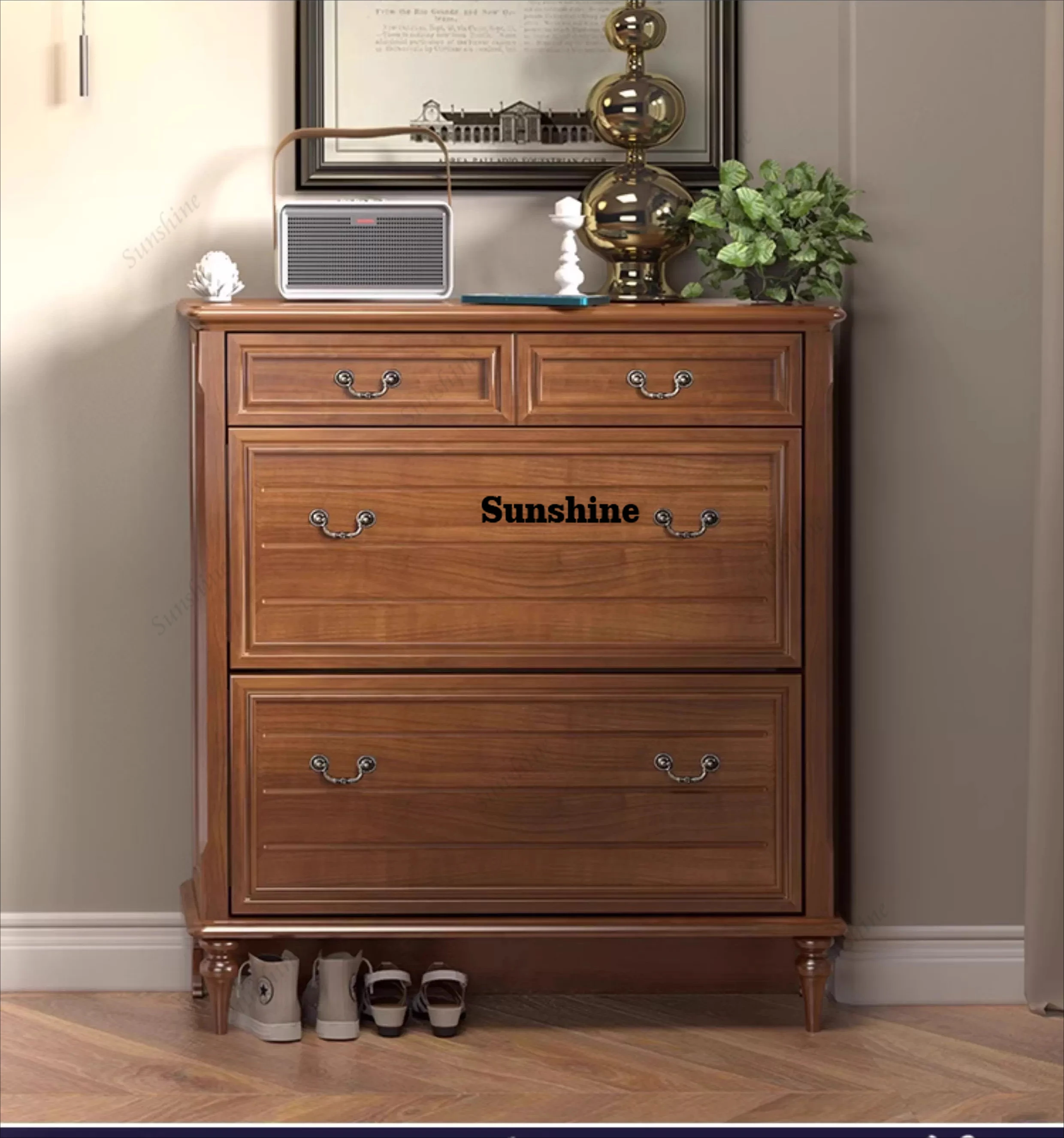 American ultra-thin 29 deep pure solid wood tipping bucket shoe cabinet, mini at the door of a small apartment
