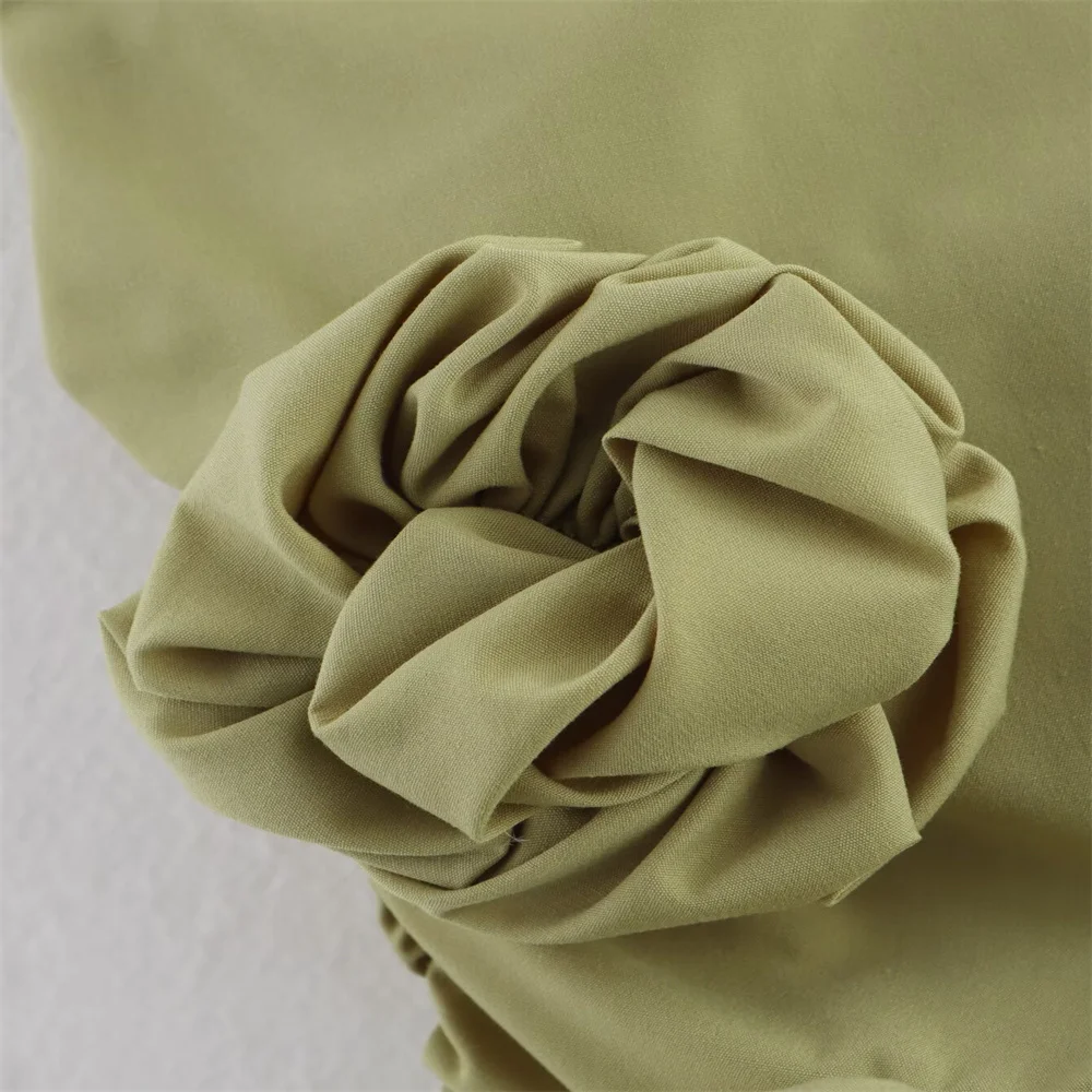 Nueva ropa de mujer estilo europeo y americano vestido sin tirantes de flores tridimensionales verdes simples a la moda