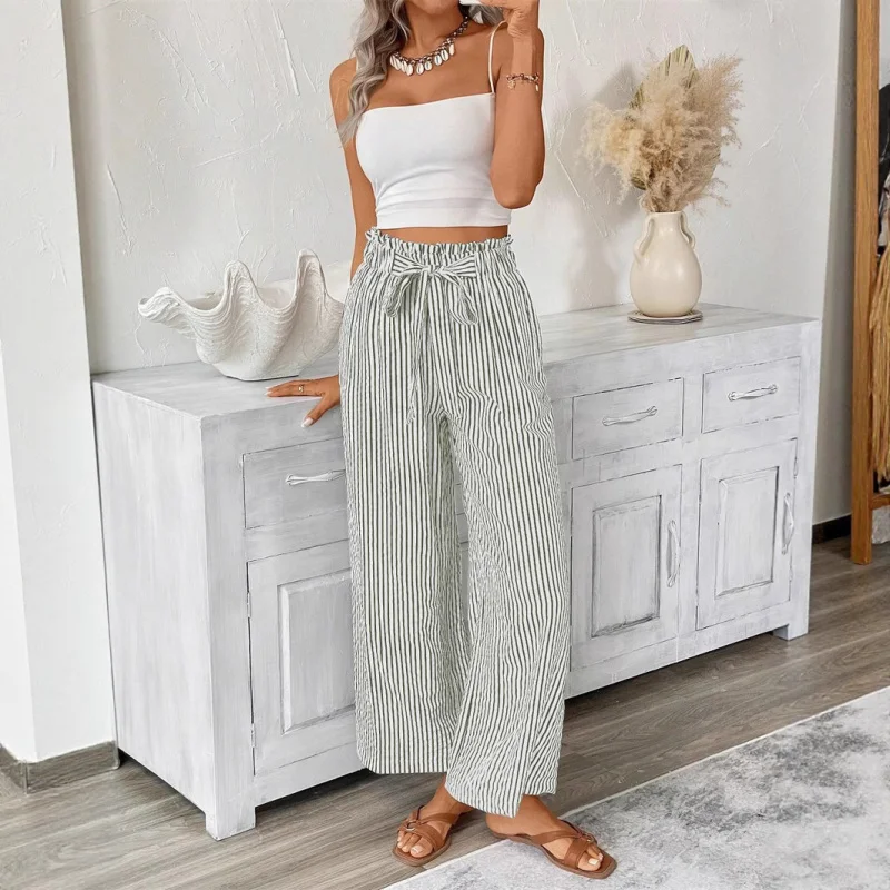 Women Vertical Striped Wide Leg Cropped Pants Elastic Paperbag Waist Tie Front Pocket Casual Summer Culotte Trousers Multi Color