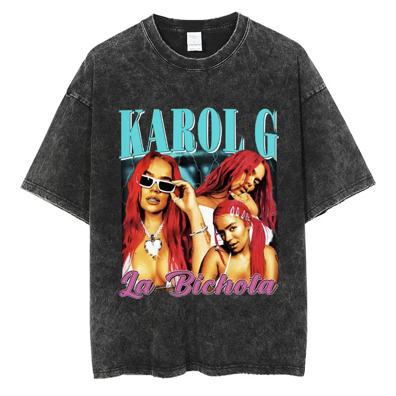 Fashion Karol G La Bichota Washed T-Shirt Aesthetic Hip Hop Men Women Short Sleeve Oversized Cotton Casual Tee Shirts Streetwear