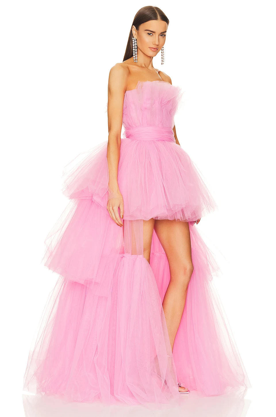 Imagem -02 - Sweet Pink High Low Tiered Longo Tulle Maxi Vestidos Strapless Tutu em Camapara Mulheres Vestidos de Festa Vestido de Noiva