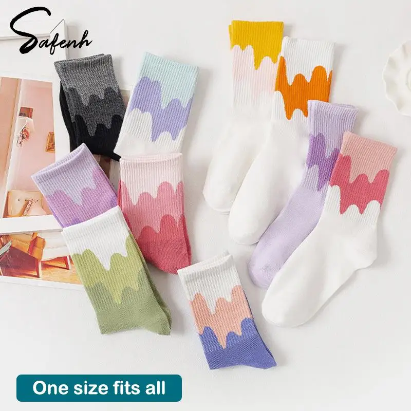 1Pair Fashion Women Cotton Socks Soft Spring Graffiti Socks Female Candy Color Middle Tube Socks For Women Student Sports Socks