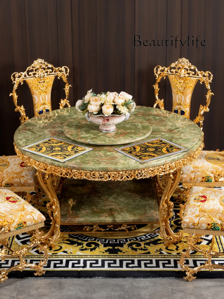 

European marble desktop round household dining table metal carving luxury jade natural dining table and chairs