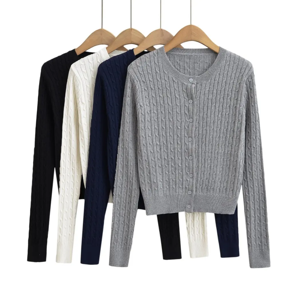 

Women's Preppy Style round Neck Single-Breasted Knitted Cardigan Long Sleeve Slim Fit Korean Style Twist Sweater Top for Autumn