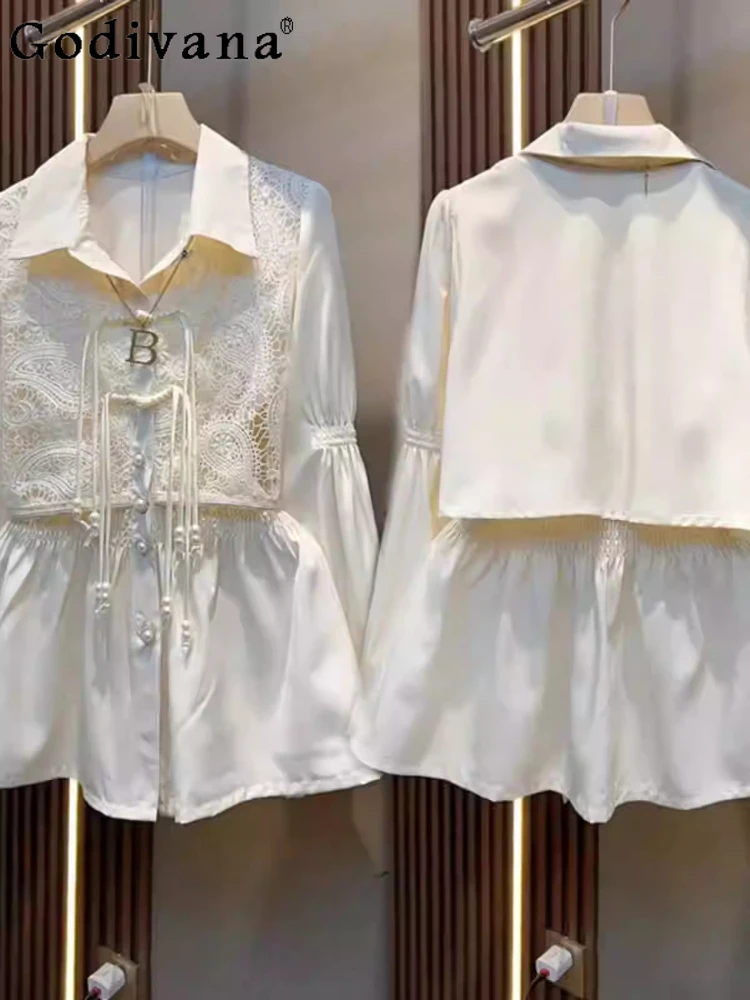 

Spring Large Size Temperament Women Versatile Turn-down Collar Long Sleeve Top Fashion Sweet Tassel Buckle Fake Two-piece Shirt