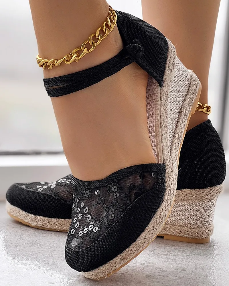 Sandals Embroidery Braided Espadrille Ankle Strap Wedge Mesh Sequined Women 6cm High Heel Espadrille Sandals Breathable Shoes